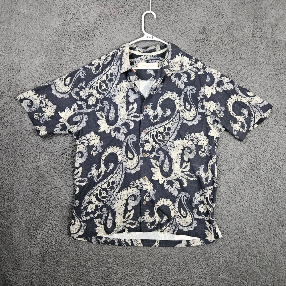Tommy Bahama Mens Large‎ Silk Paisley Camp Shirt Black Cream Short Sleeve Aloha
